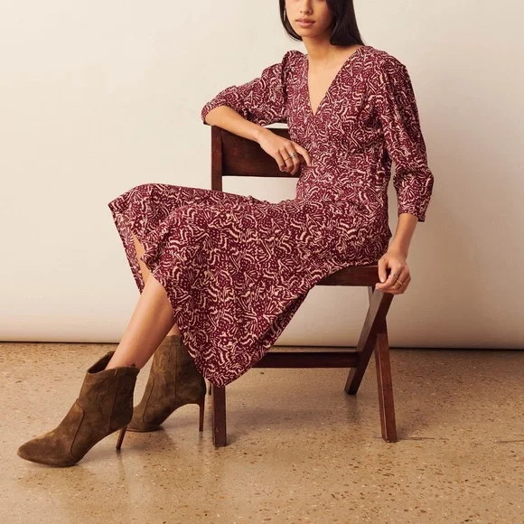 BA&SH Loa Midi dress in purple ivory print women’s size US 8 INT L - Picture 2 of 11